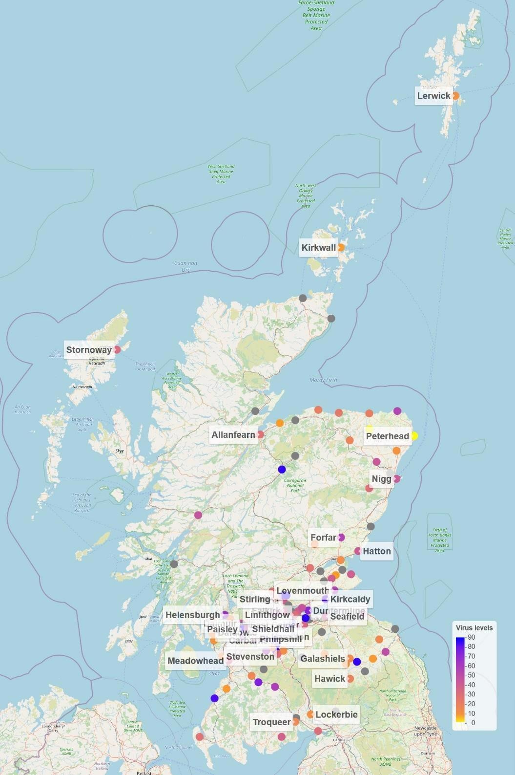 Map of Scotland showing sites from which wastewater samples were collected for SARS-CoV-2 analysis. The colored circles show normalized SARS-CoV-2 virus levels on the last week of July 2021 in Million gene copies per person per day ([Mgc/pD]; truncated to 90). The grey circles represent sites without measurement on that week. See Methods – Data visualization for further details.