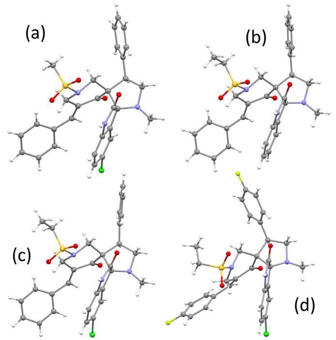 The molecular structures of (a) 6b, (b) 6c (c) 6d and (d) 6h.