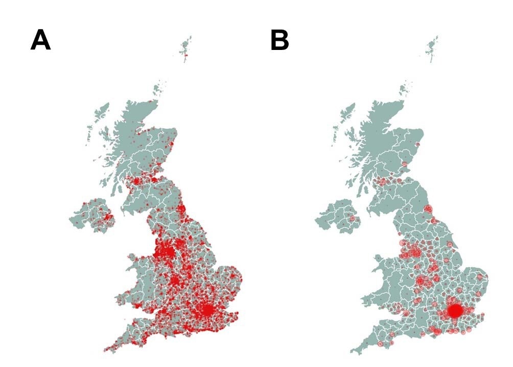 Geographical location of participants and COVID-19 cases. A, heatmap of COVIDENCE UK participants’ location of residence by postcode. B, heatmap of cumulative COVID-19 notifications in the UK, by postcode, from https://coronavirus.data.gov.uk/details/download (download dated June 10, 2022).