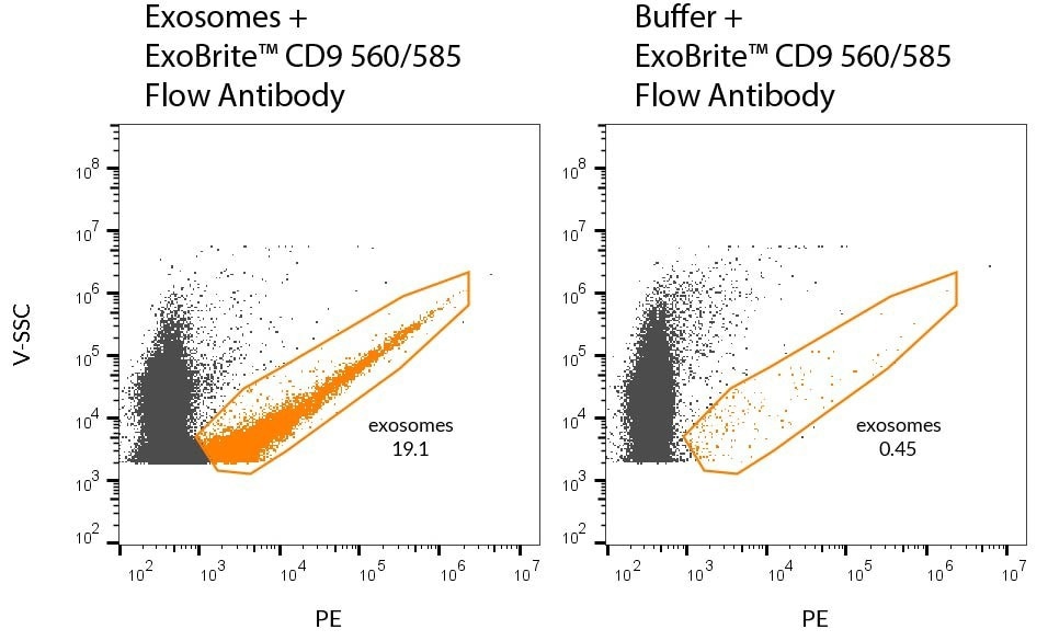 Figure 1. EC-purified MCF-7-derived exosomes were stained with ExoBrite™ CD9 560/585 FlowC antibody (left).  Specific staining was observed in comparison to the same antibody in the buffer (right).  Exosomes in the PE channel were detected on a Cytoflex LX flow cytometer.  To download the image, please click here