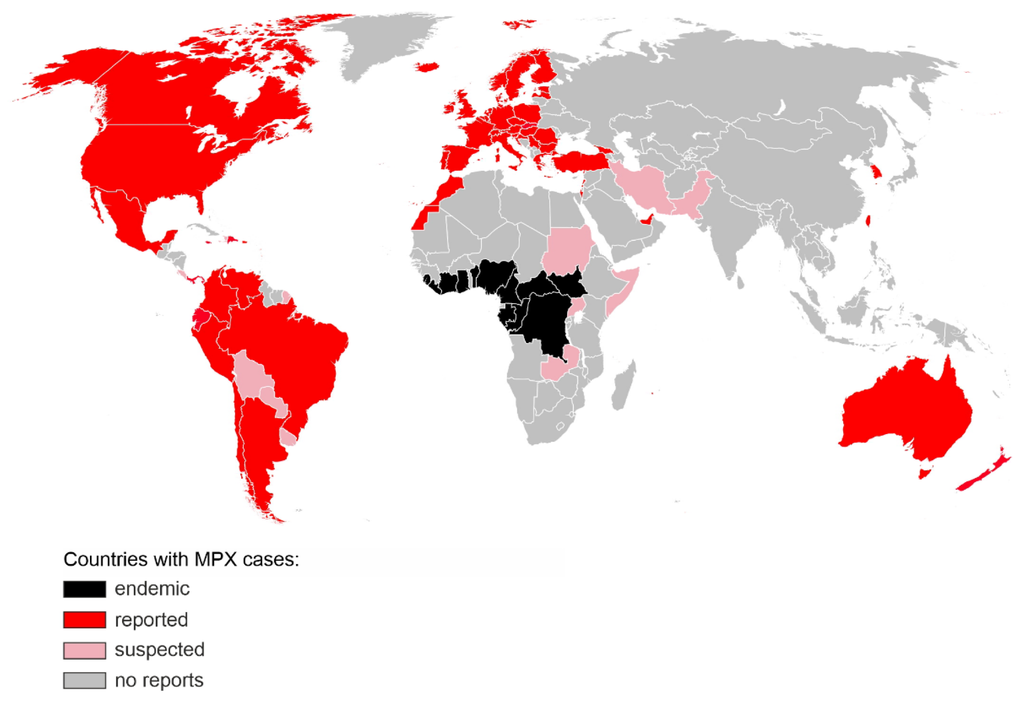 کشورهای دارای موارد تایید شده (قرمز) یا مشکوک (صورتی) MPX در طول شیوع غیر بومی 2022.  مناطقی که MPX قبل از سال 2022 بومی بود، به رنگ سیاه نشان داده شده اند.  این نقشه شامل موارد گزارش شده تا 12 ژوئیه 2022 است [8].  نقشه لایه پایه از https://commons.wikimedia.org/wiki/File:BlankMap-World.svg (دسترسی در 1 ژوئیه 2022) به دست آمده است.