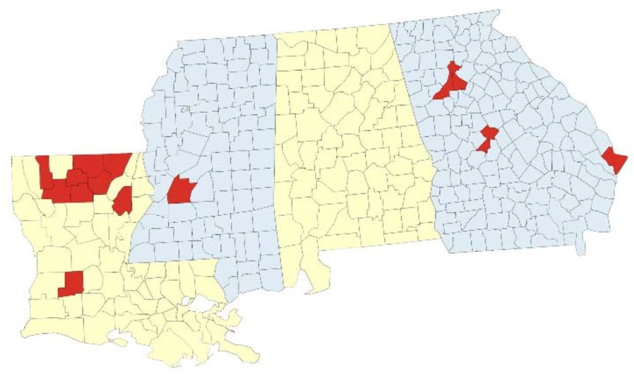 Geographic coverage of SARS-CoV-2 genomic surveillance in Louisiana, Georgia, and Mississippi. Map of the surveillance region with parishes (Louisiana) or counties (Georgia, Mississippi) where at least one specimen was sequenced by the network indicated in red.