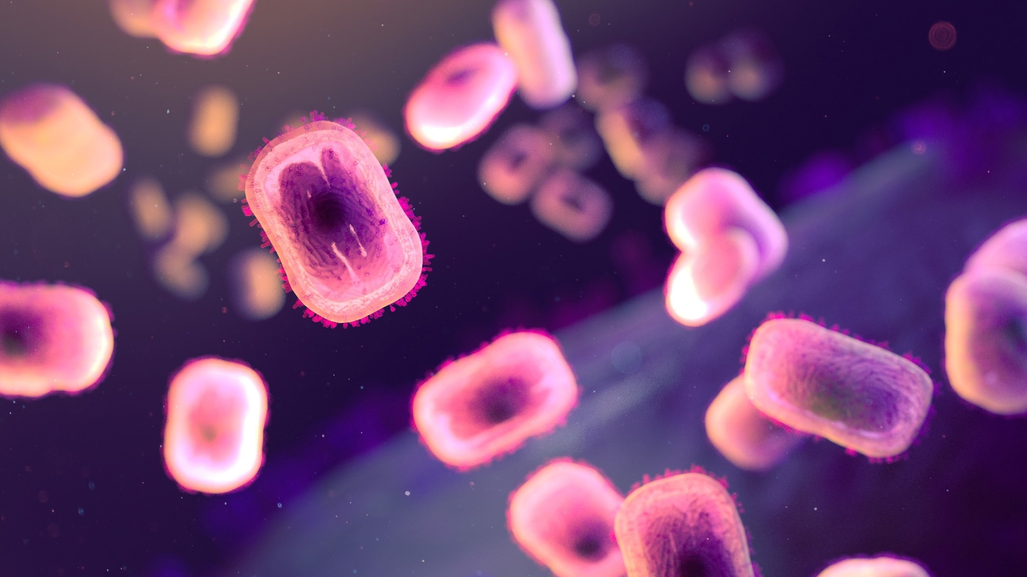 Extracellular, brick-shaped mpox virions (colorized pink). Backlighting shows the surface membranes of the virions and the outlines of nucleocapsids. Credit: NIAID.