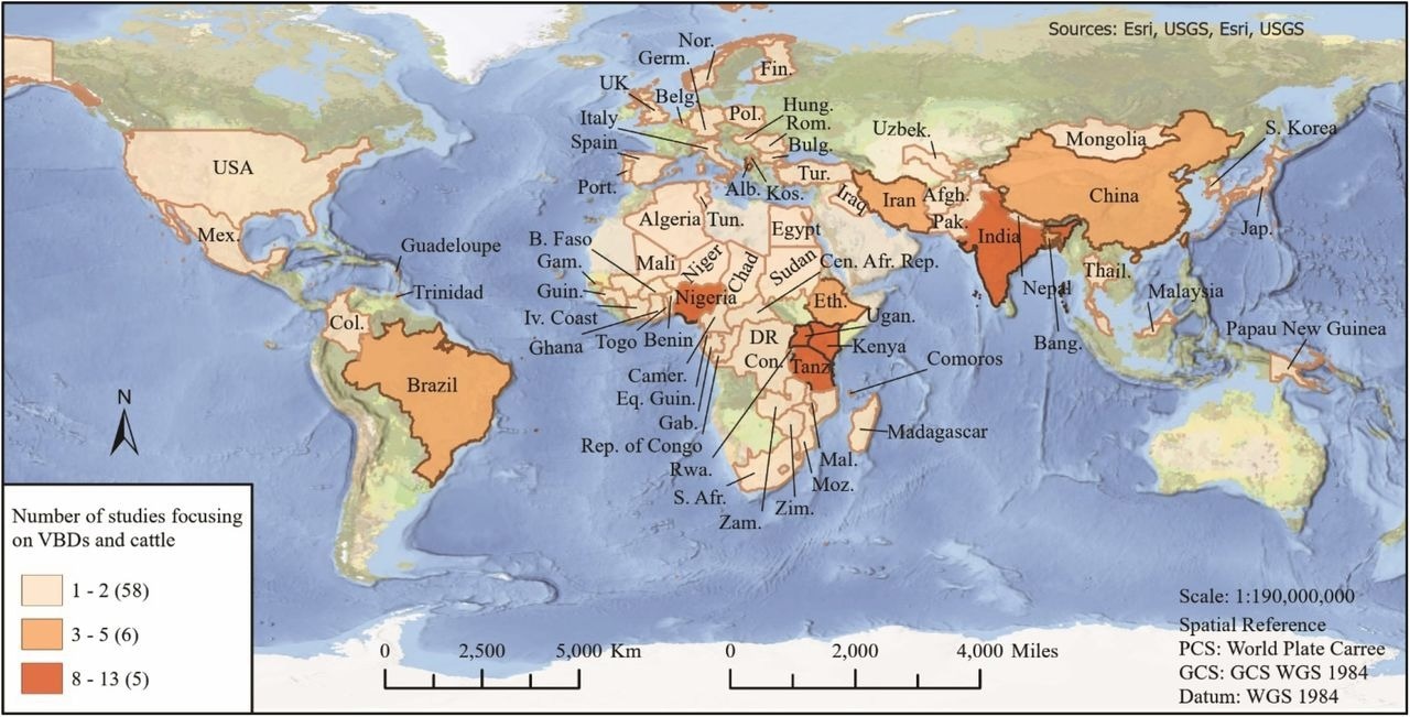 World map representing countries and number of studies included in this review.