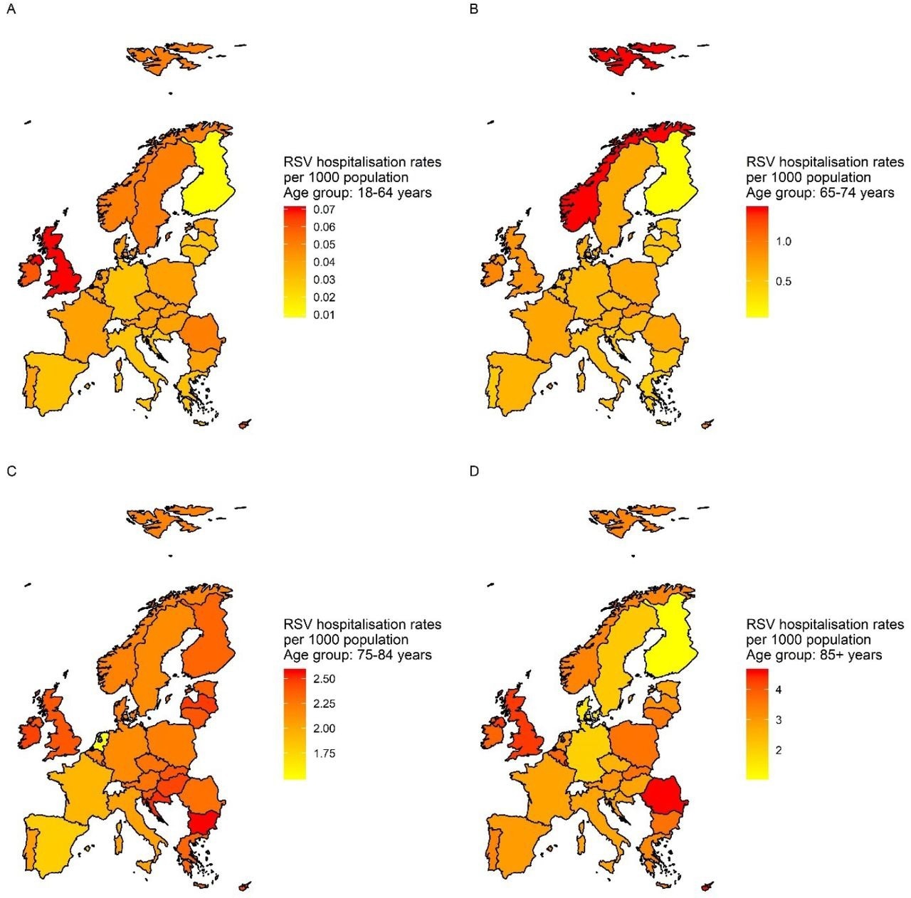RSV-associated hospitalization rates per 1000 population in 28 EU countries and Norway. A: RSV-associated hospitalization rates per 1 000 in adults aged 18-64 years. B: RSV-associated hospitalization rates per 1 000 in adults aged 65-74 years. C: RSV-associated hospitalization rates per 1 000 in adults aged 75-84 years. D: RSV-associated hospitalization rates per 1 000 in adults aged ≥85 years.
