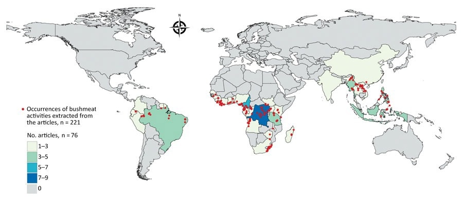 Geographic distribution of articles from the literature used to model a map of global bushmeat activities (hunting, preparing, and selling bushmeat) to improve zoonotic spillover surveillance. We extracted data from 76 articles. Red dots indicate occurrences of bushmeat activities (n = 221) in 38 countries, and colored shading indicated the number of articles extracted per country.