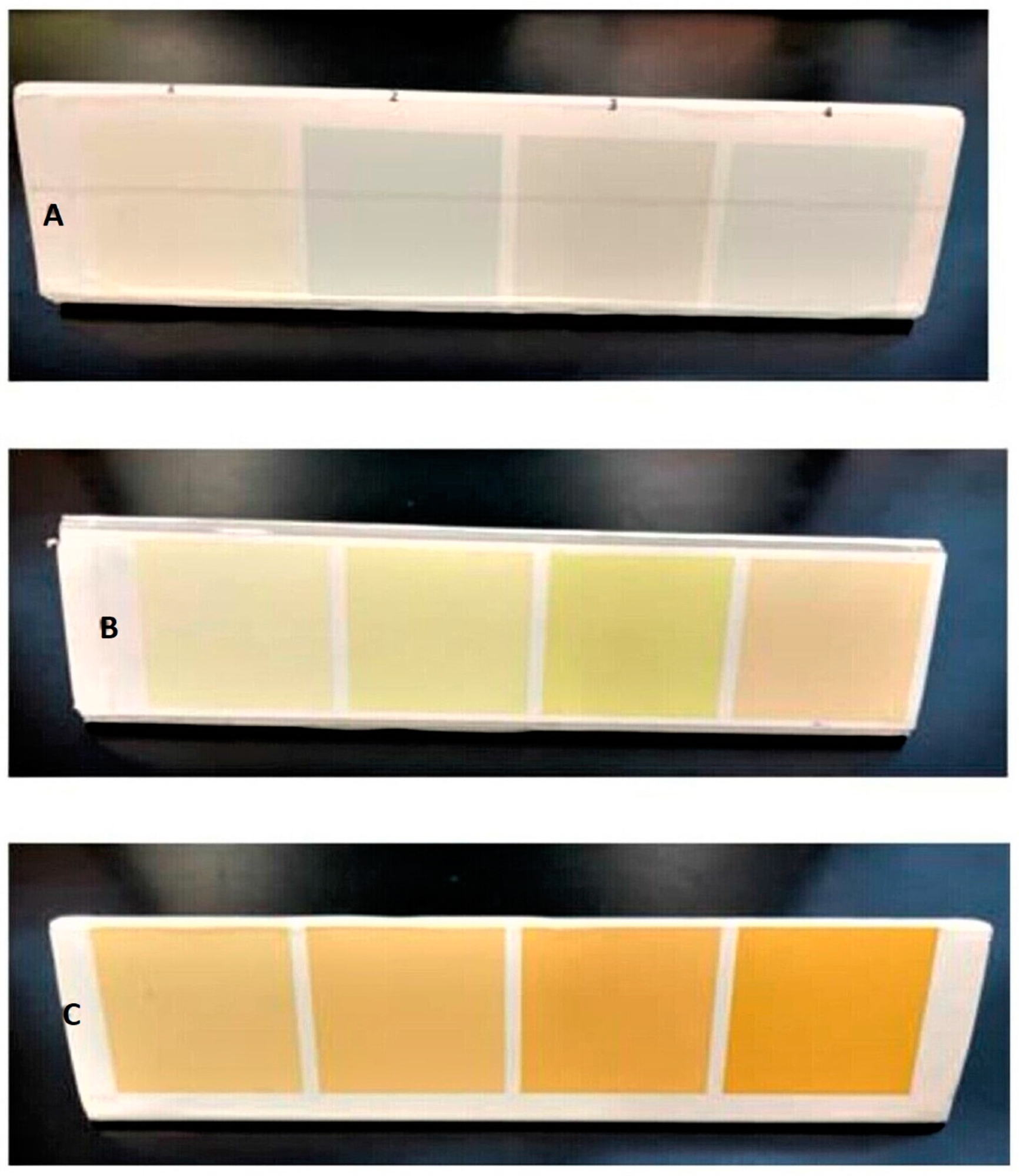 Preliminary HMCG tool comprising 12 shades (December 2018 version). The lighter ‘watery’ shades are grouped in the first row (row A), the ‘regular white’ appearing shades in the second row (row B), and the ‘creamy yellow’ appearing shades are in the third row (row C).