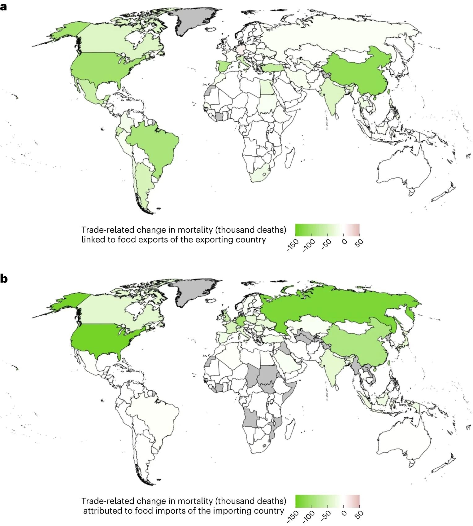 Exporters and importers of dietary risks, measured in changes in mortality. a,b, Changes in mortality occur and are estimated in the importing region (b) and traced back to the exporting region (a) to highlight the connection via trade.