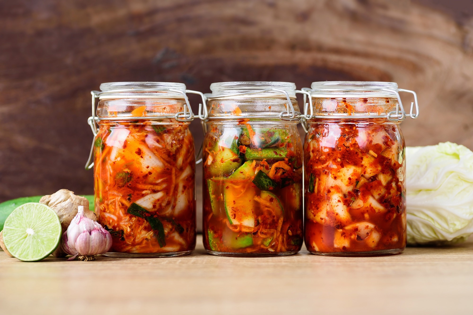 Three jars of homemade kimchi