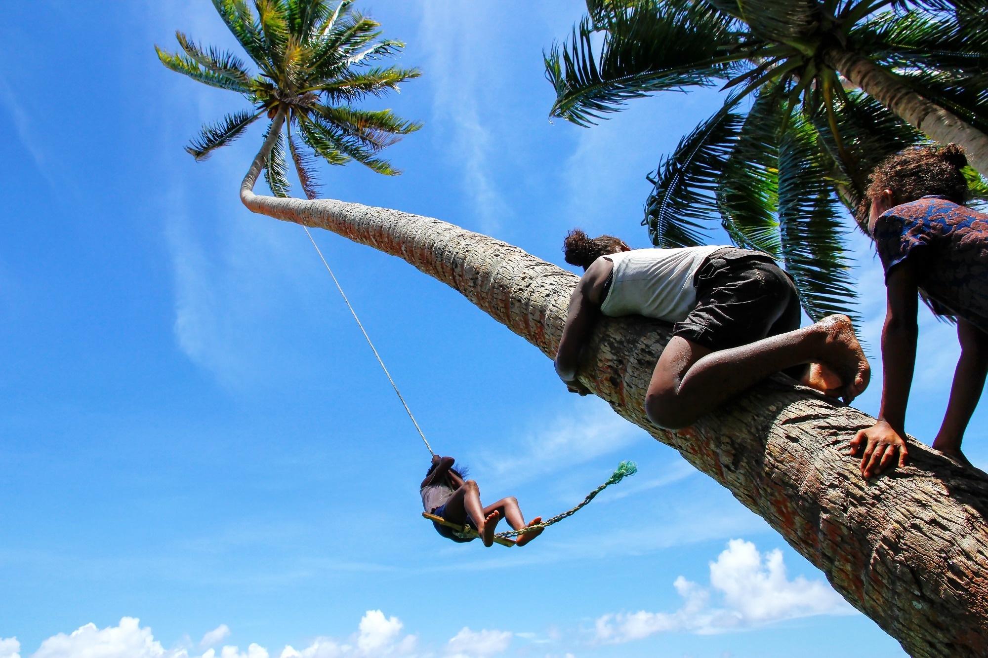 Study: High life satisfaction reported among small-scale societies with low incomes. Local kids swinging on a rope swing,Fiji. Image Credit: Don Mammoser / Shutterstock