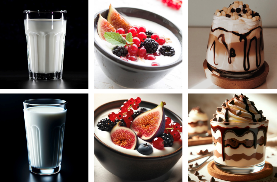 Milk: real (top row) and AI-generated (bottom row) in its unprocessed (left), processed (middle), and ultra-processed (right) varian