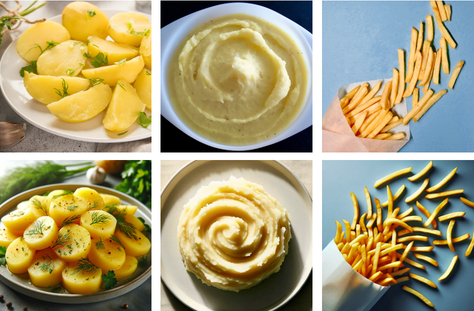 Potatoes: real (top row) and AI-generated (bottom row) in their unprocessed (left), processed (middle), and ultra-processed (right) variants.