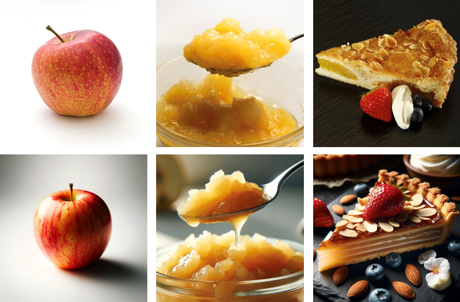Apples: real (top row) and AI-generated (bottom row) in their unprocessed (left), processed (middle), and ultra-processed (right) variants.